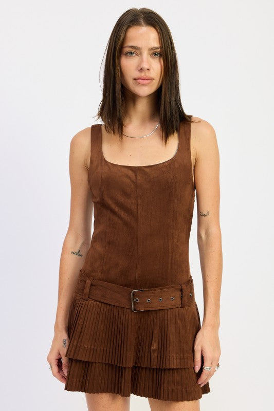 BELTED SUEDE PLEAT MINI DRESS